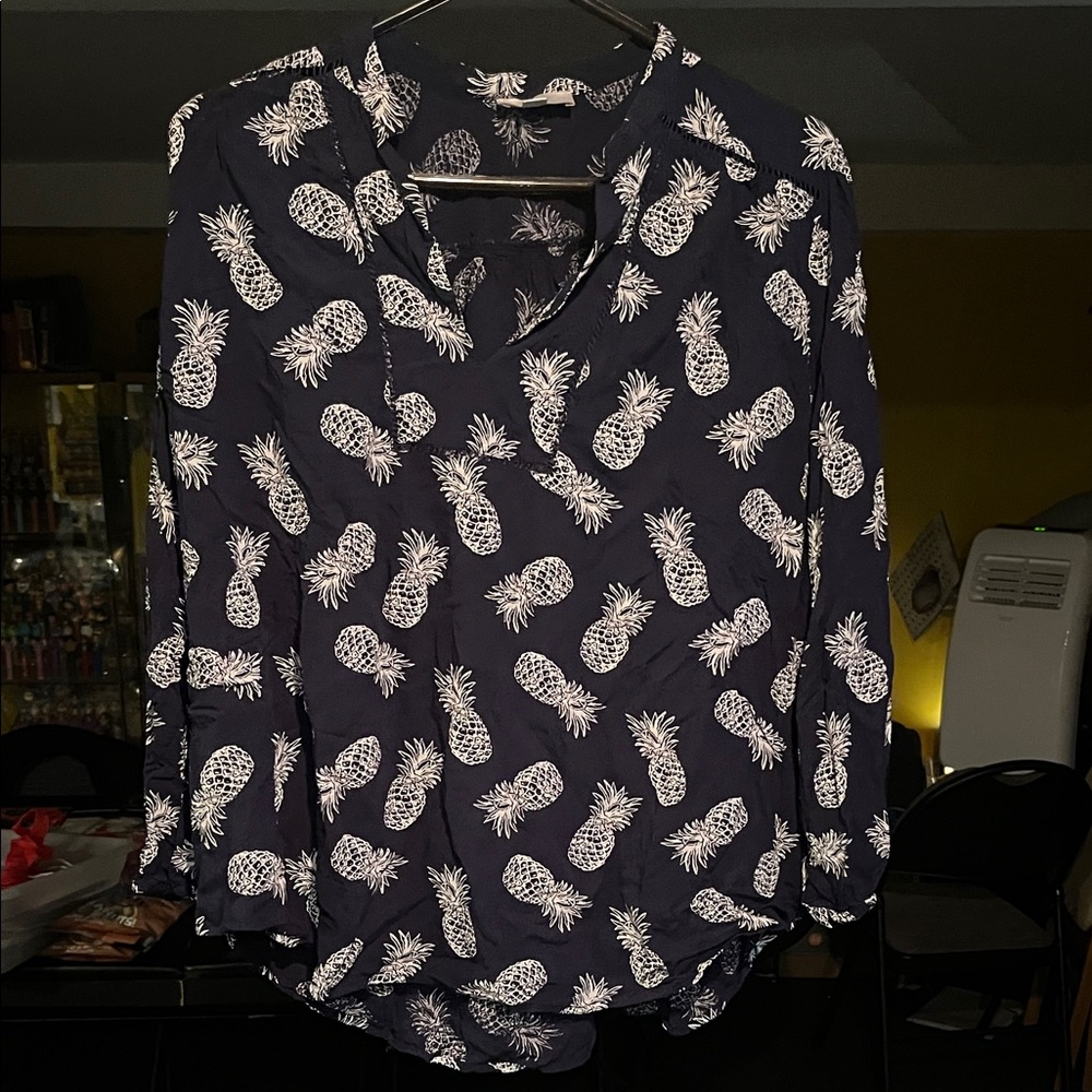 LOFT Dark Blue Pineapple Print Blouse